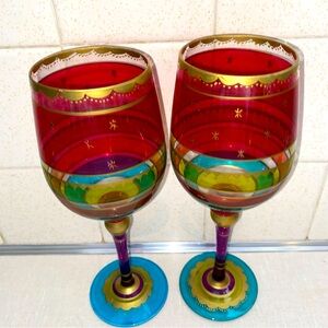 Pier 1 Festive Holiday Stripe Red Gold Purple‎ Blue Wine Glass Set Hand Painted